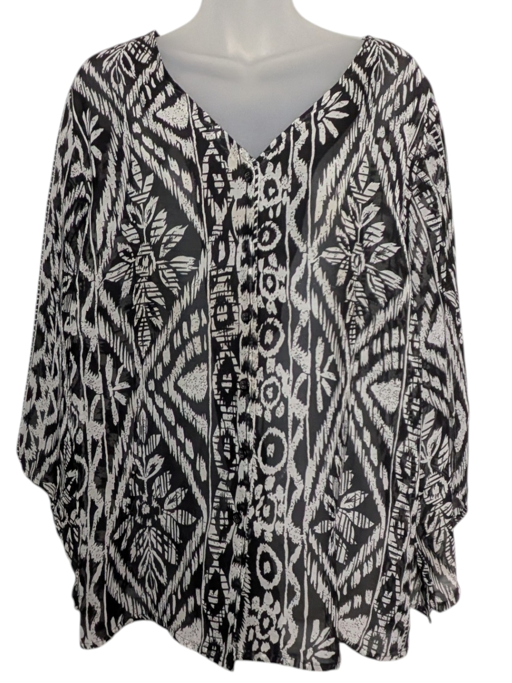Requirements 2XL Semi Sheer Black and White Ikat Print Button Down Blouse V-neck